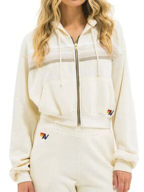 Aviator Nation 5-Stripe Cropped Relaxed Hoodie - M NWT